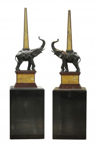 Elephant figurines, pair Bronze and marble Art deco, 1930. Beneduce, signed Height:101 cm, with pedestal 163 cm